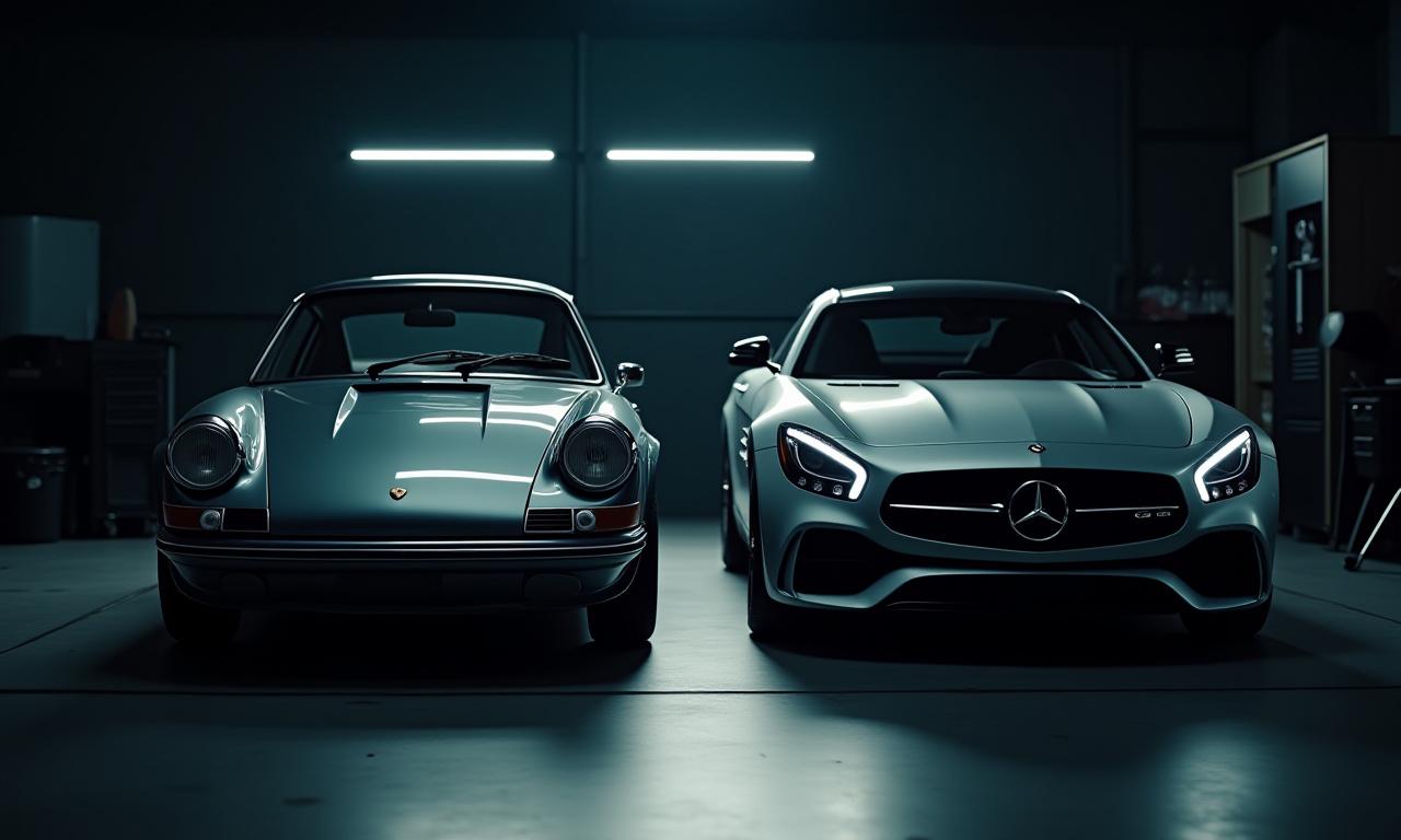 Ein klassischer Porsche und ein Mercedes im Restaurierungsprozess, spiegeln Präzision und Leidenschaft wider.