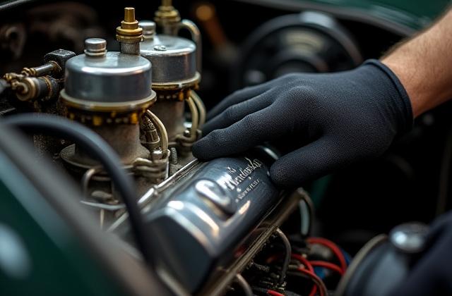 Detailaufnahme eines Monteurs bei der Restaurierung eines klassischen Automotors.