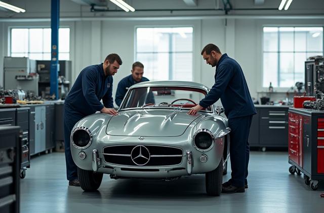 Das Löwenkraft Autos Team bei der Arbeit in der modernen Werkstatt in Stuttgart.